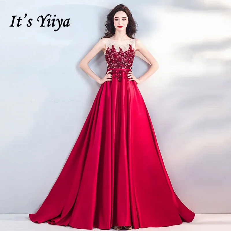 

It's YiiYa Customization Evening Dress Wine Red Satin Beads Appliques O-neck Plus size Woman Party Gown LX1159 robe de soiree