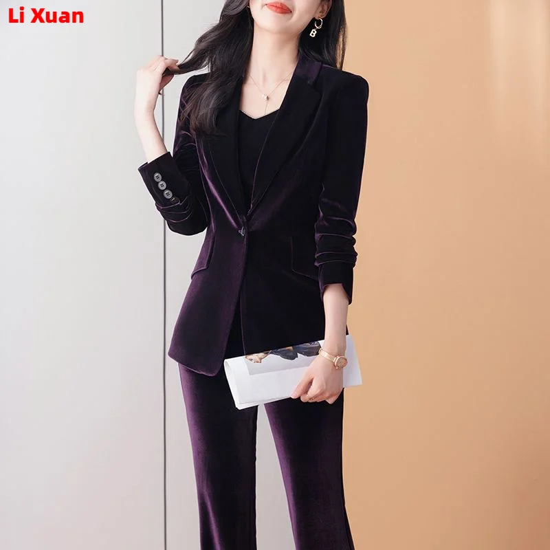 Women\'s Thick Warm Formal Blazer and Pants Suit, Quality Shiny Velvet, Office Work Wear, Winter, 2 Pcs