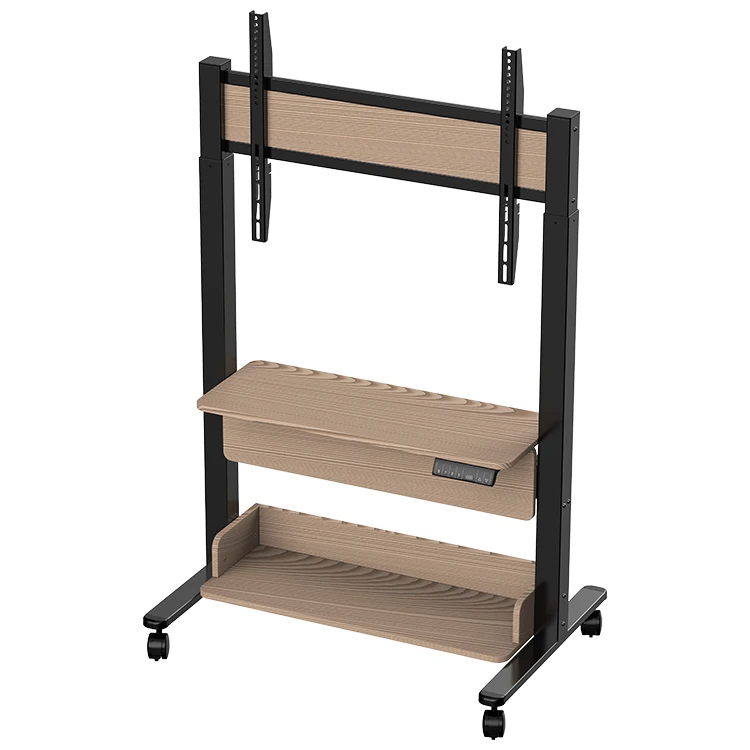 Wooden Dual Layer Storage 154lbs 43-90 Inch Mobile TV Stand Height Adjustable 117-162cm Single Motor Automatic Mobile TV Cart