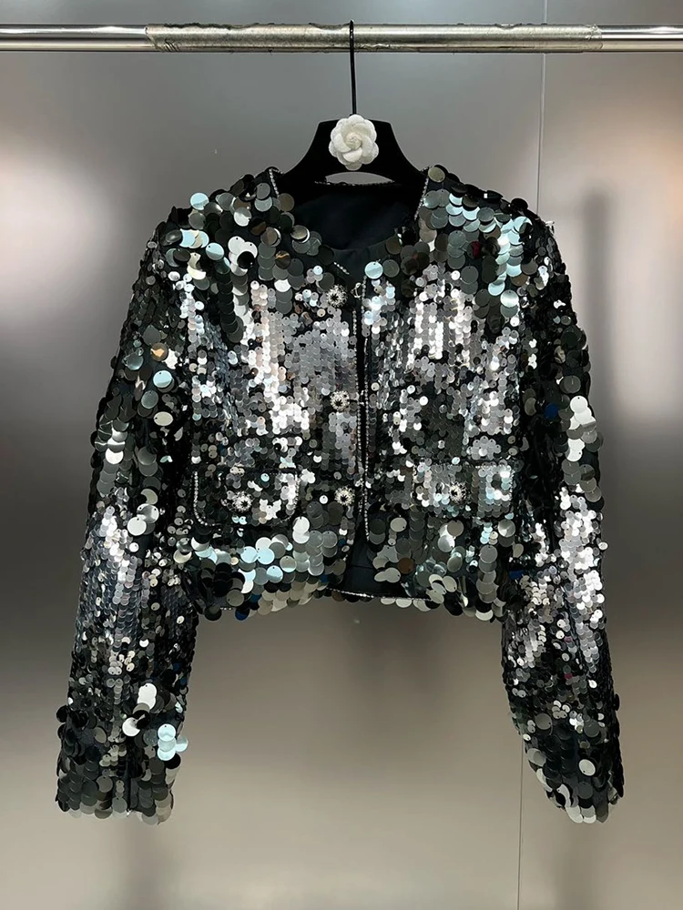 DEAT Fashion New Women\'s Gradient Sequins Coat 2023 Autumn Trendy O-neck Long Sleeves Covered Button Jackets Female 11XX7355