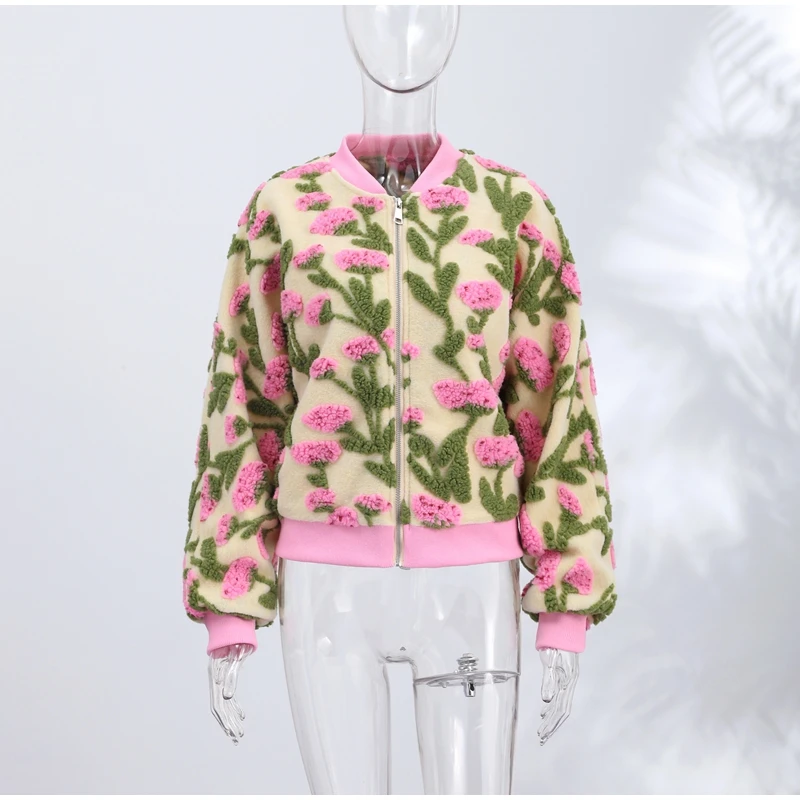 Süße, verträumte Blumen-Plüschjacke für Damen, lässiger Oversize-Fleece-Mantel mit langen Ärmeln und Reißverschluss, 2026, High-Street-Alltagskleidung – Detail 2