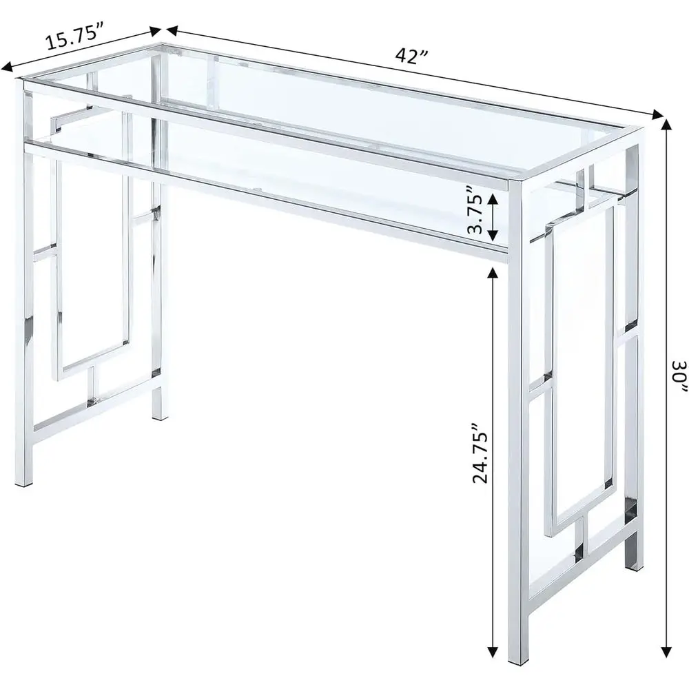 현대적인 모던 오피스 책상, 유리 선반, 콘솔 테이블 및 크롬 마감의 화려한 화장대