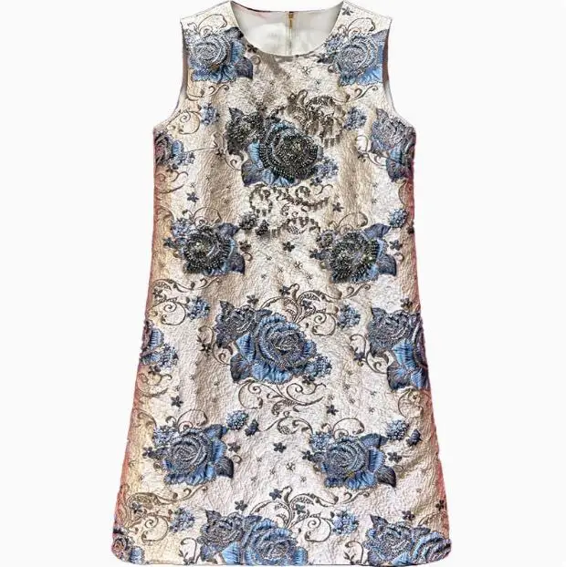 Europe and the United States women's 2024 autumn winter new Sleeveless heavy stitching bead blue flower jacquard Fashion dress