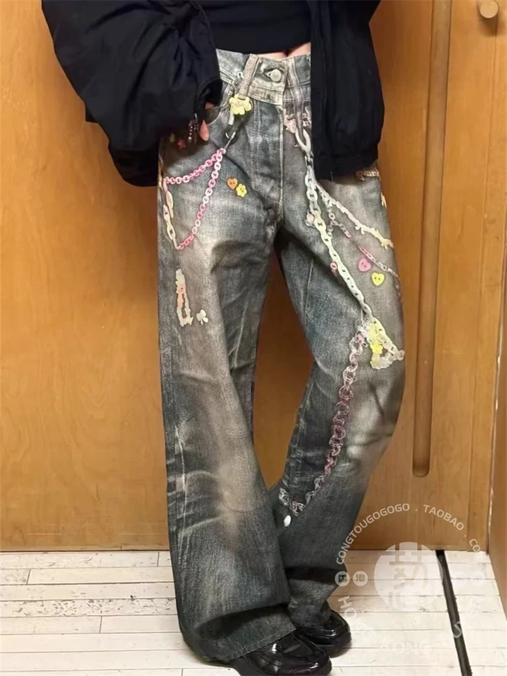 

Vintage 3D Print Color Chain Washed Baggy Jeans for Men and Women Straight Loose Denim Trousers