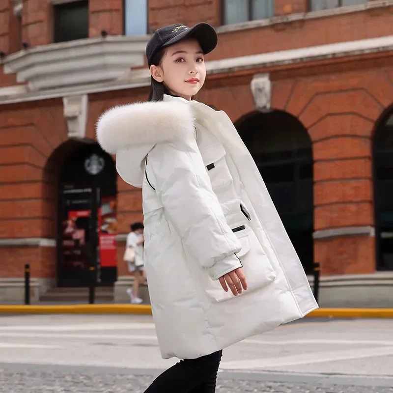 

Teens Clothing Winter Thick Warm Snowsuit Fashion Down Jacket with Large Fur Collar Girls Clothes Med-length Hooded Parka 4-12 Y