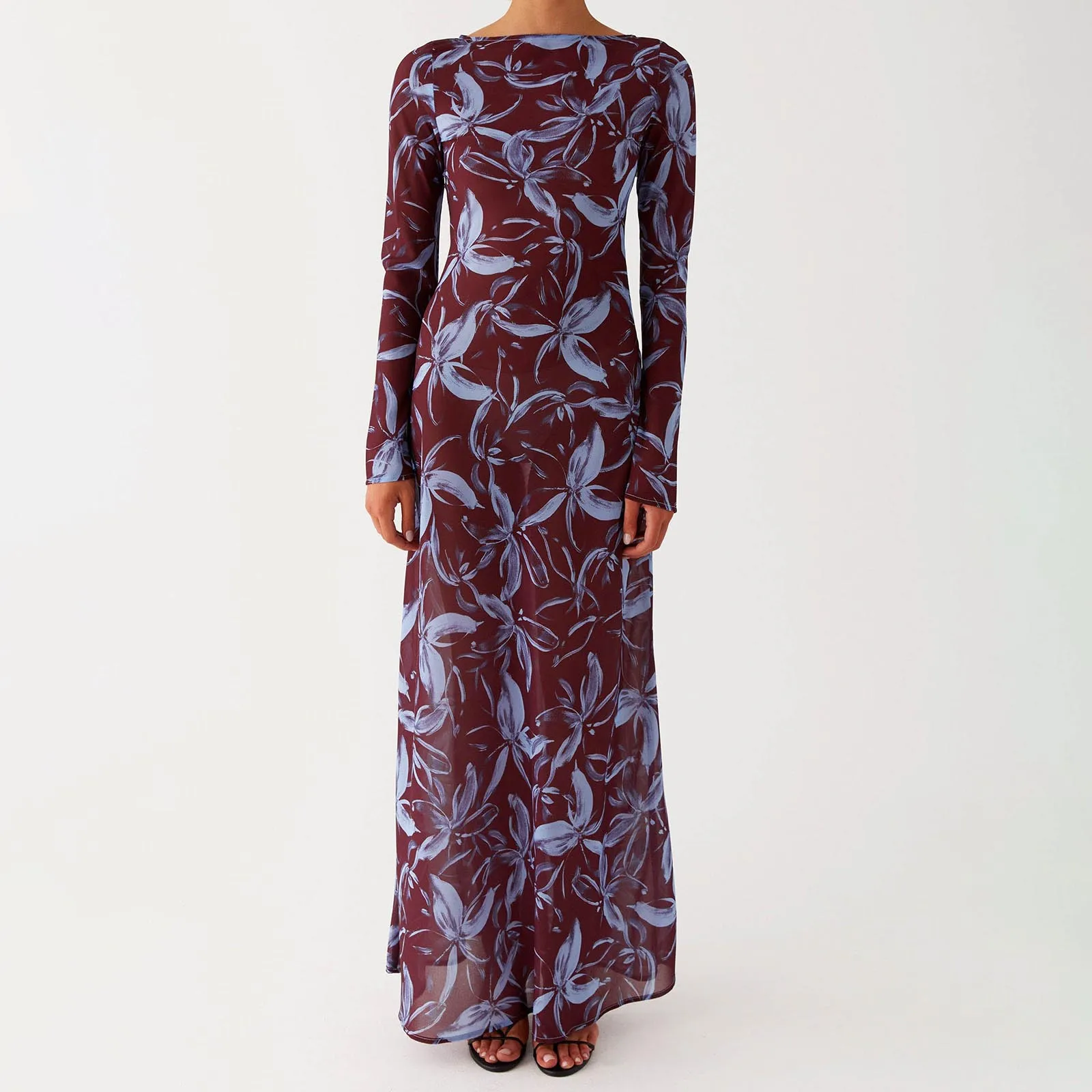 Robe longue à imprimé Floral pour femmes, col bateau, manches longues, coupe cintrée, en maille transparente, pour l'été, plage, offre spéciale S M L, nouvelle collection