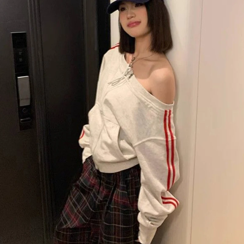 مثير قبالة الكتف الشارع الشهير البلوز المرأة البريدي الجانب شريط معطف أمريكي الخريف الجاز الرقص الهيب هوب عادية كسول