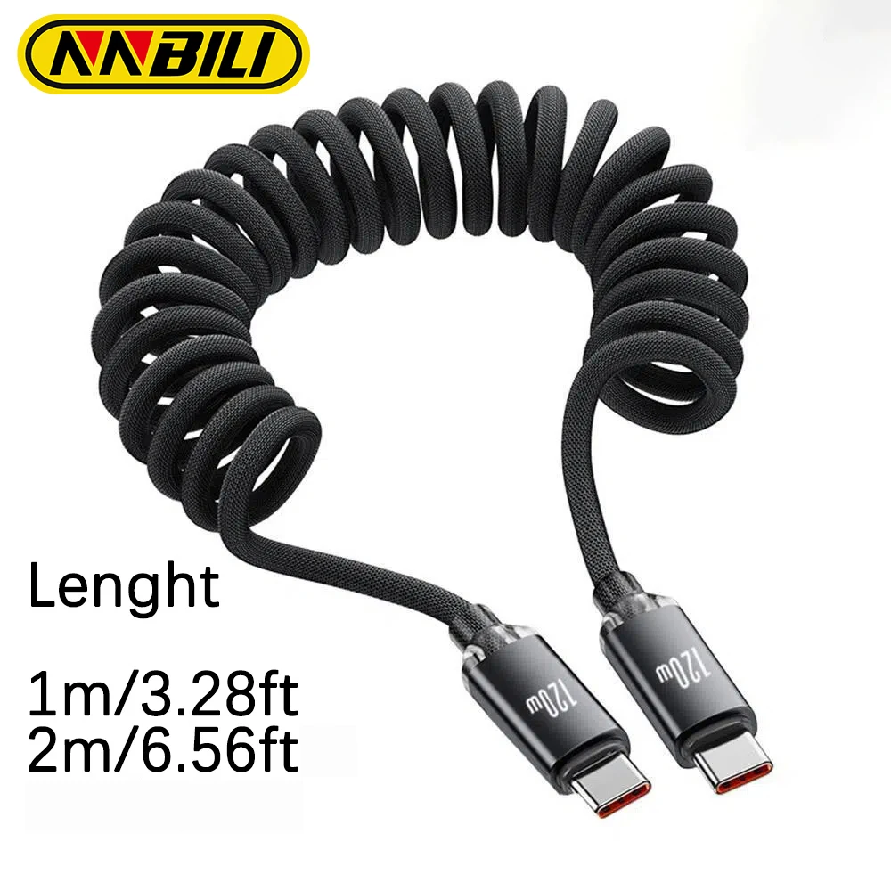 NNBILI 120W Dual USB-C Super Fast Charging Data Cable Telescopic Spring Cord For iPhone 17 16 15 Samsung Mi Huawei Charger Line