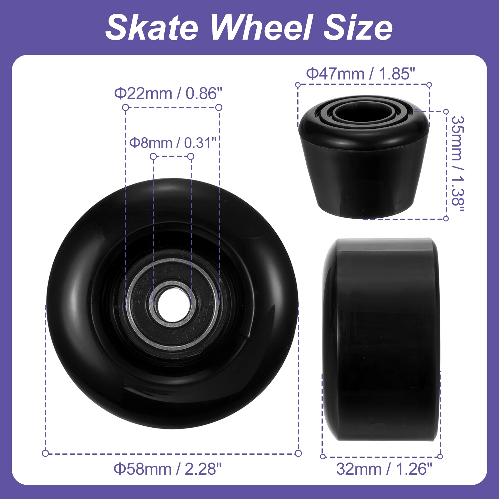 Roller Skate Wheels Outdoor 58mmx32mm Quad Roller Skate Wheels with Bearing PU Roller Wheels & 2 Toe Stoppers