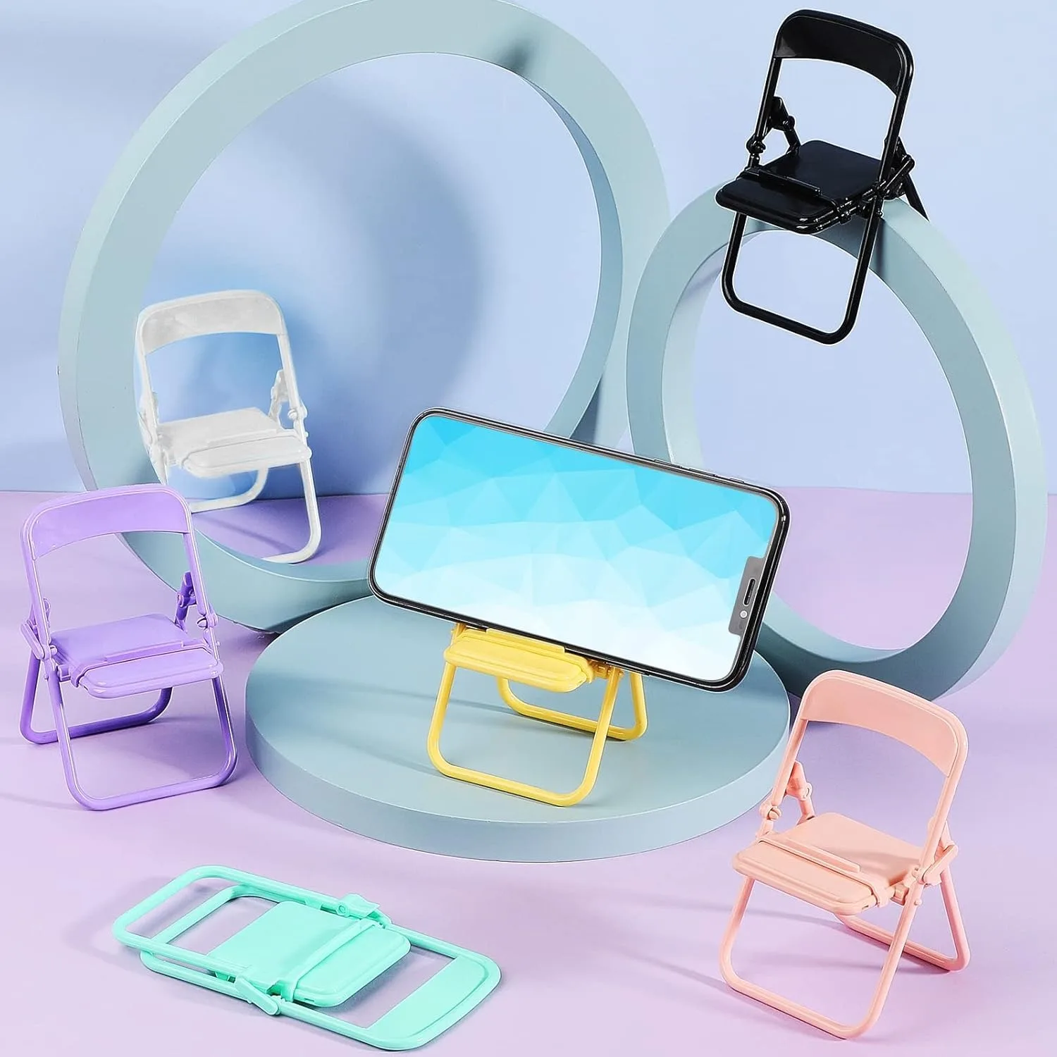 

4Pcs Mini Folding Chair Cell Phone Stand Desktop Foldable Mobile Phone Holder Folding Chair Cradle for Desk (Candy)