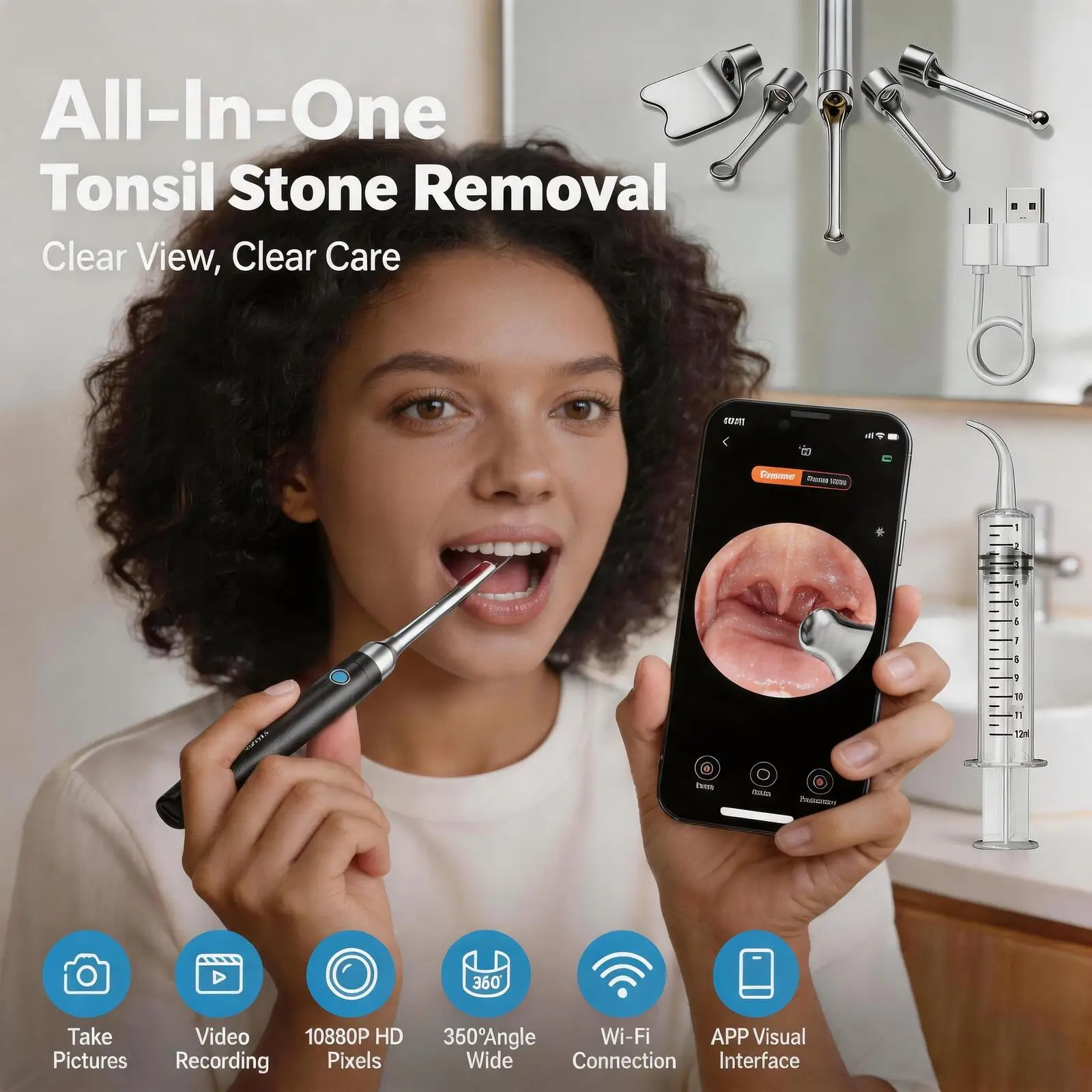 JianYouCare Tonsil Stone Removal 360°Angle Camera Clear View Clear Care LED Light 5 Heads kits tonsil tartar Cleaner Household