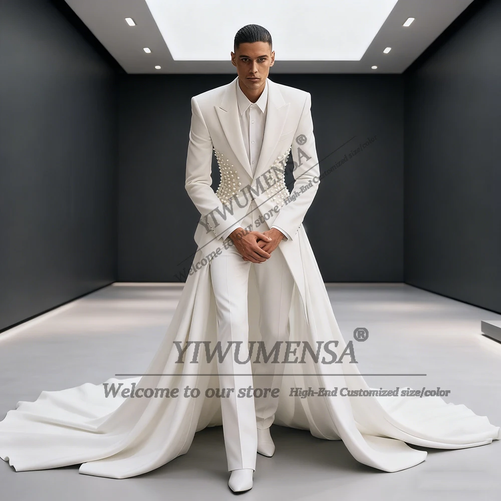 

Уникальный свадебный костюм с жемчугом для мужчин, однобортный пиджак для выпускного вечера с накидкой, индивидуальные смокинги для жениха, наряды Terno Masculinos 2026