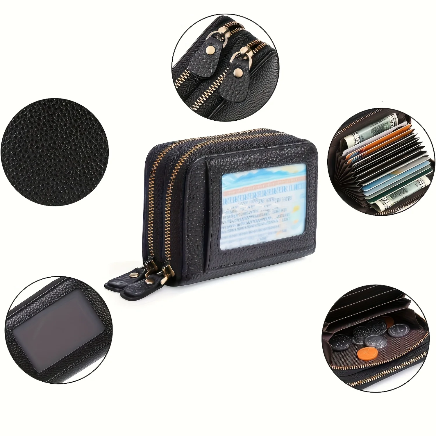 Stylish RFID-Protected Faux Leather Multi-Card Wallet with Classic Zip-Around Design for Credit Cards, Coin Pocket & ID Display.