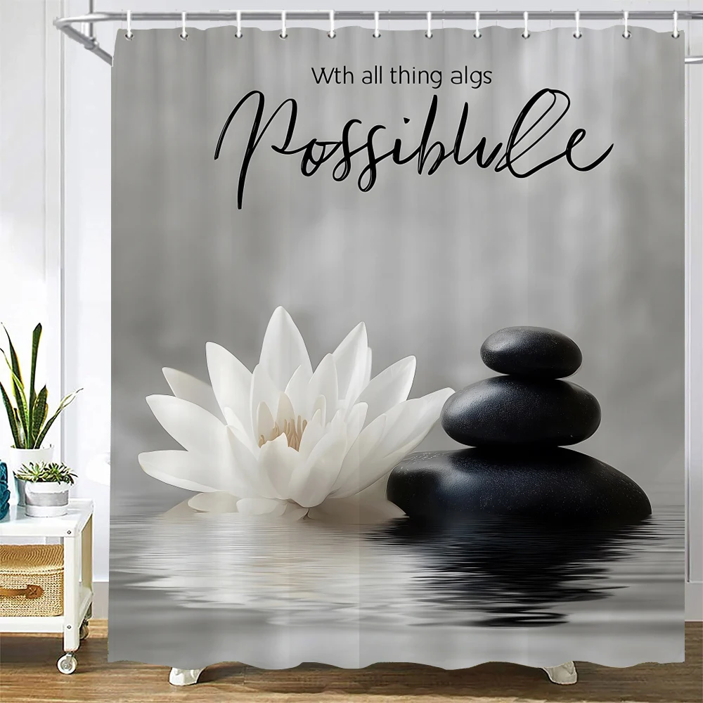 Lotus and Zen Stone Shower Curtain Bath Curtain Polyester Fabric Flowers Printed Bathroom Curtains for Home Decoration Curtain