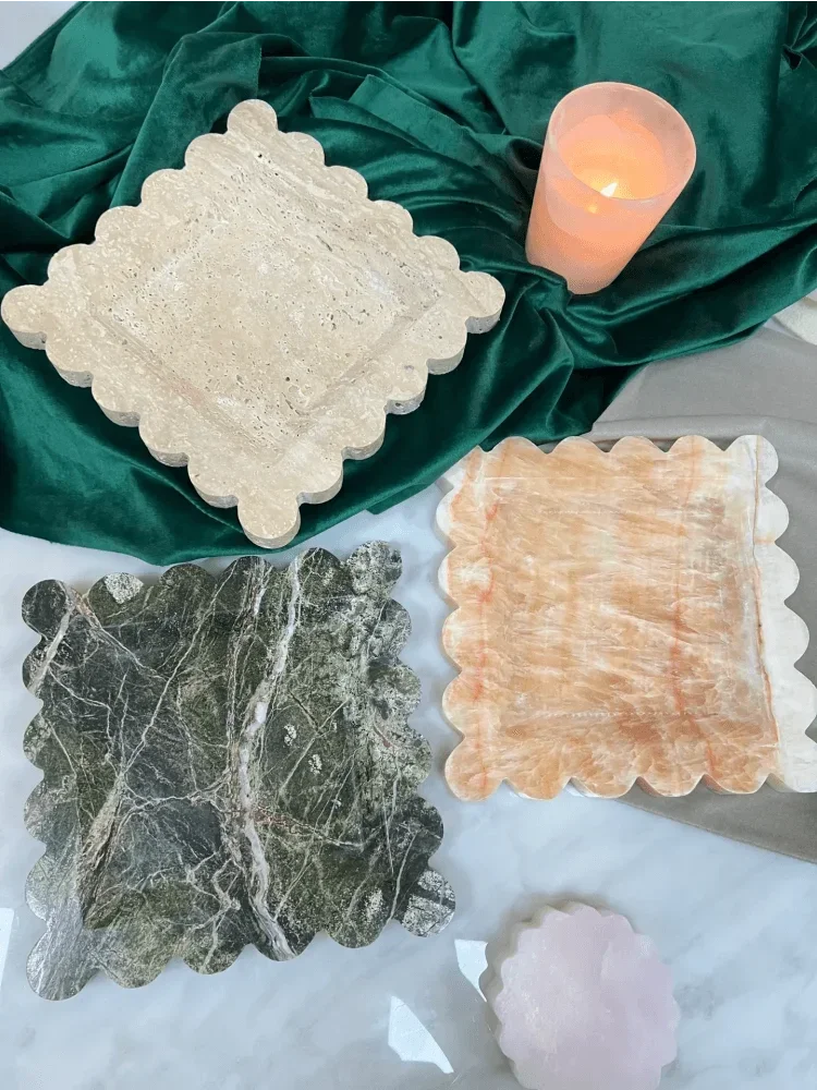 

20x20x2cm Natural Marble Square Scallop Tray Travertine Onyx Calacatta Violet Coffee Net Rainforest Decorative Marble Tray