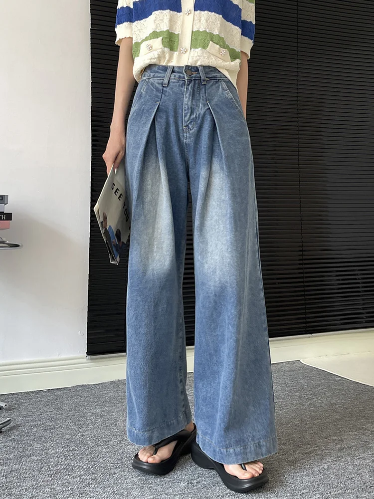 High Waist Pleated Patchwork Denim Patns 2023 Autumn New Tide Pocket Spliced Female Fashion Streetwear Wide Leg Jeans  X174