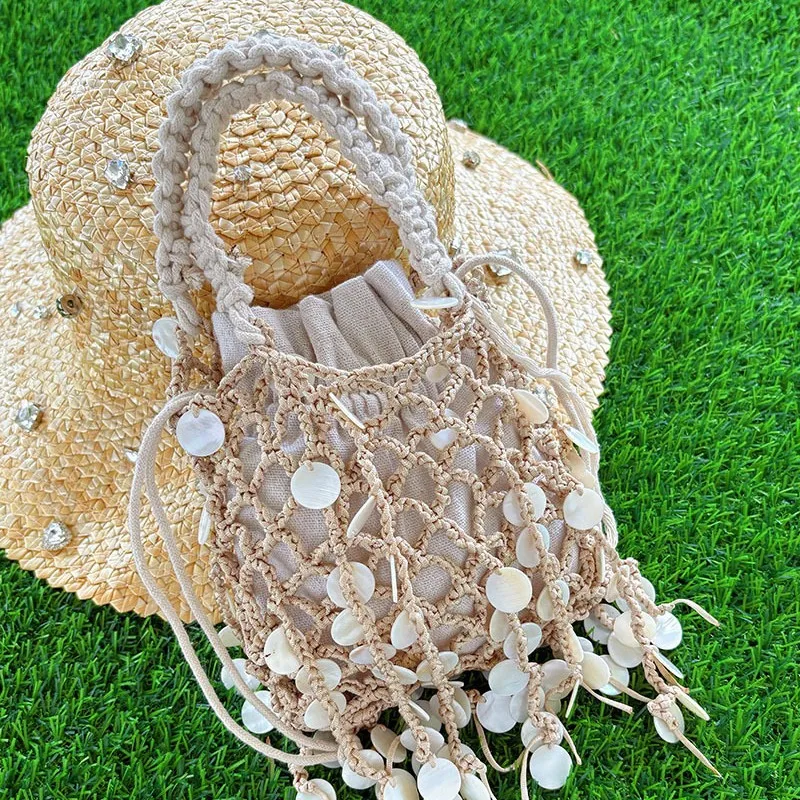 

Handmade Hollow Woven Bags for Women Handbags Fish Scales Tassel Tote Bag Luxury Rope Knitting Shoulder Bag NEW Sequin Clutch