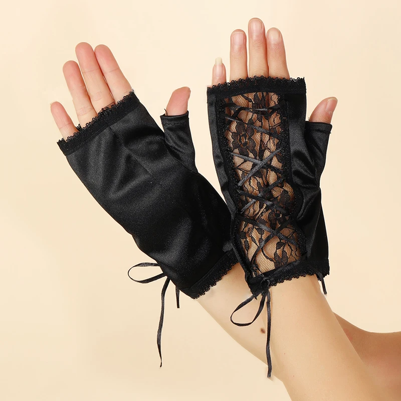 

Ladies Black Sexy Open Finger Gloves Romantic Punk Strap Fingerless Gloves Performance Cosplay Costume Accessories
