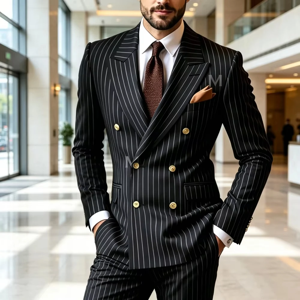Double Breasted Stripe Wedding Tuxedo with Gold Buttons 2 Pieces Black Slim Fit Men Pant Set for Groom Guest Prom Party Banquet