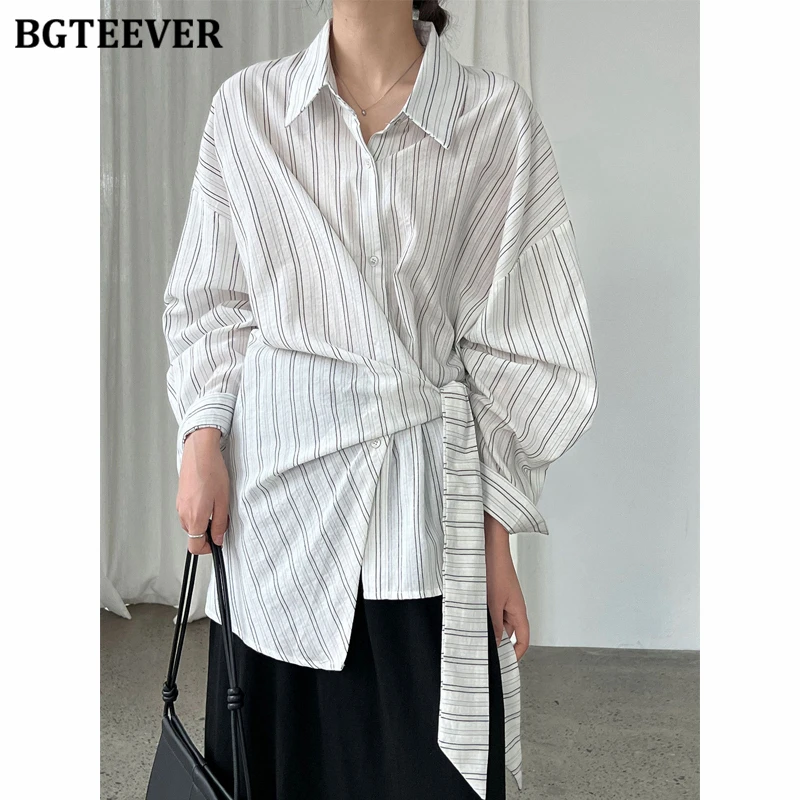 

BGTEEVER Spring Autumn Long Sleeve Female Striped Blouses Casual Lapel Lace-up Women Shirts