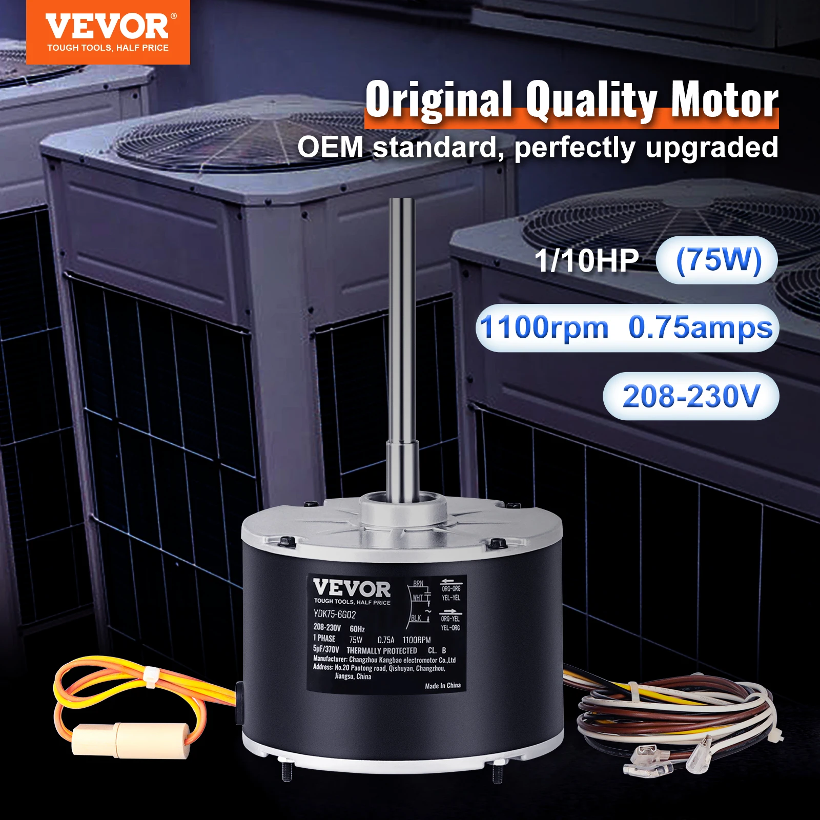 VEVOR Condenser Fan Motor OEM Standard Upgraded Replacement Condenser Motor  1/10HP 1100RPM Reversible Rotating 208-230V Motors