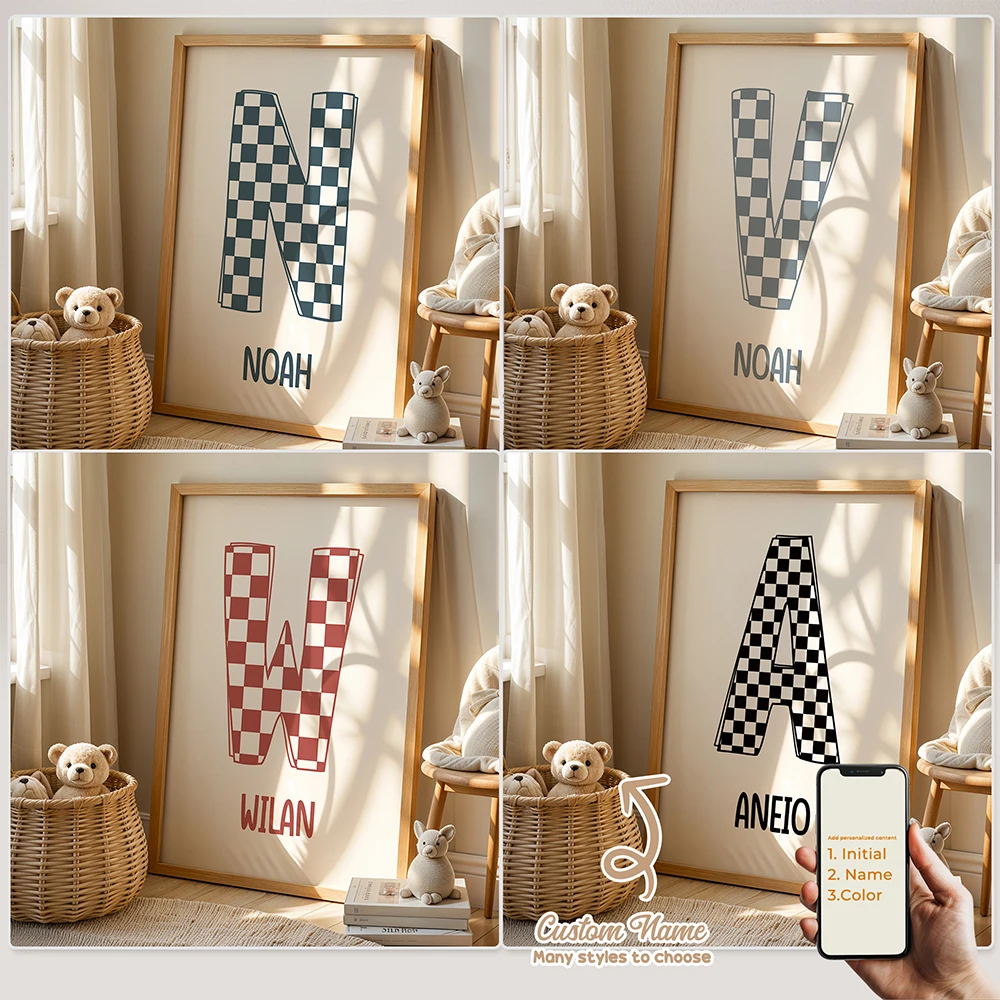 Personalisierter benutzerdefinierter Name Cartoon Kind Gitterbuchstaben Wandkunst Druck Bild Leinwand Poster Gemälde für Wohnzimmer Heimdekoration