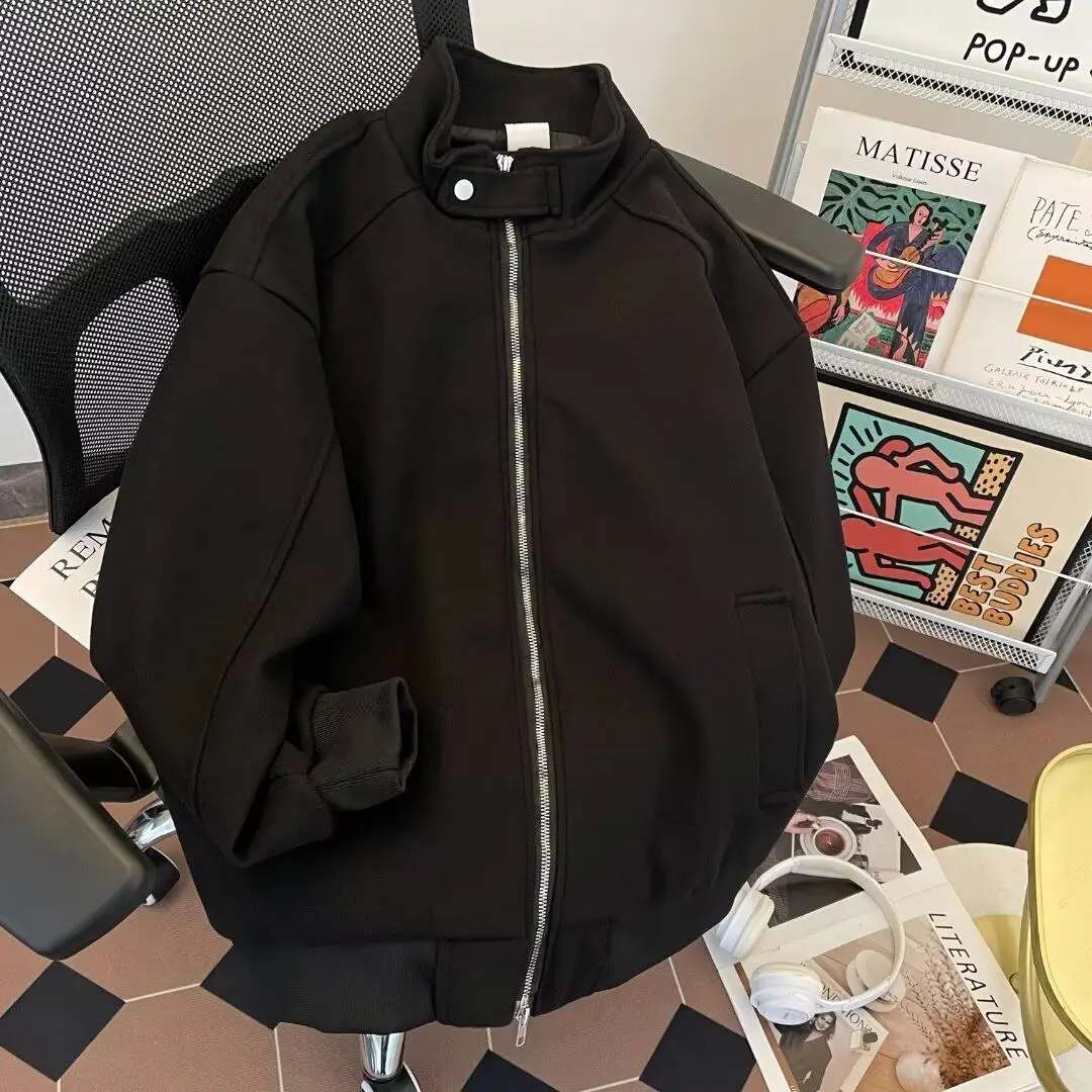 

American Retro Stand Collar Open Cardigan Sweatirt Jaet Men's Autumn Winter Loose Large Size Spor ey Versatile Jaet