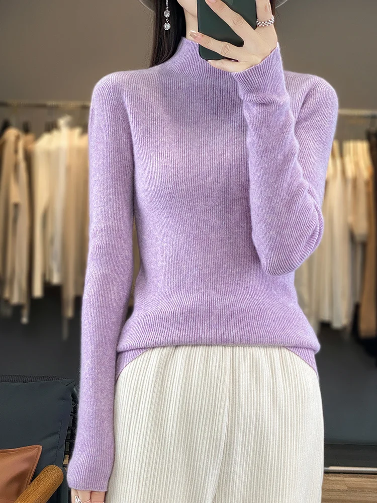 

Теплый пуловер из 100% мериносовой шерсти с воротником-стойкой, удобный мягкий женский осенне-зимний пуловер, свитер, однотонная вязаная одежда с длинными рукавами, топы