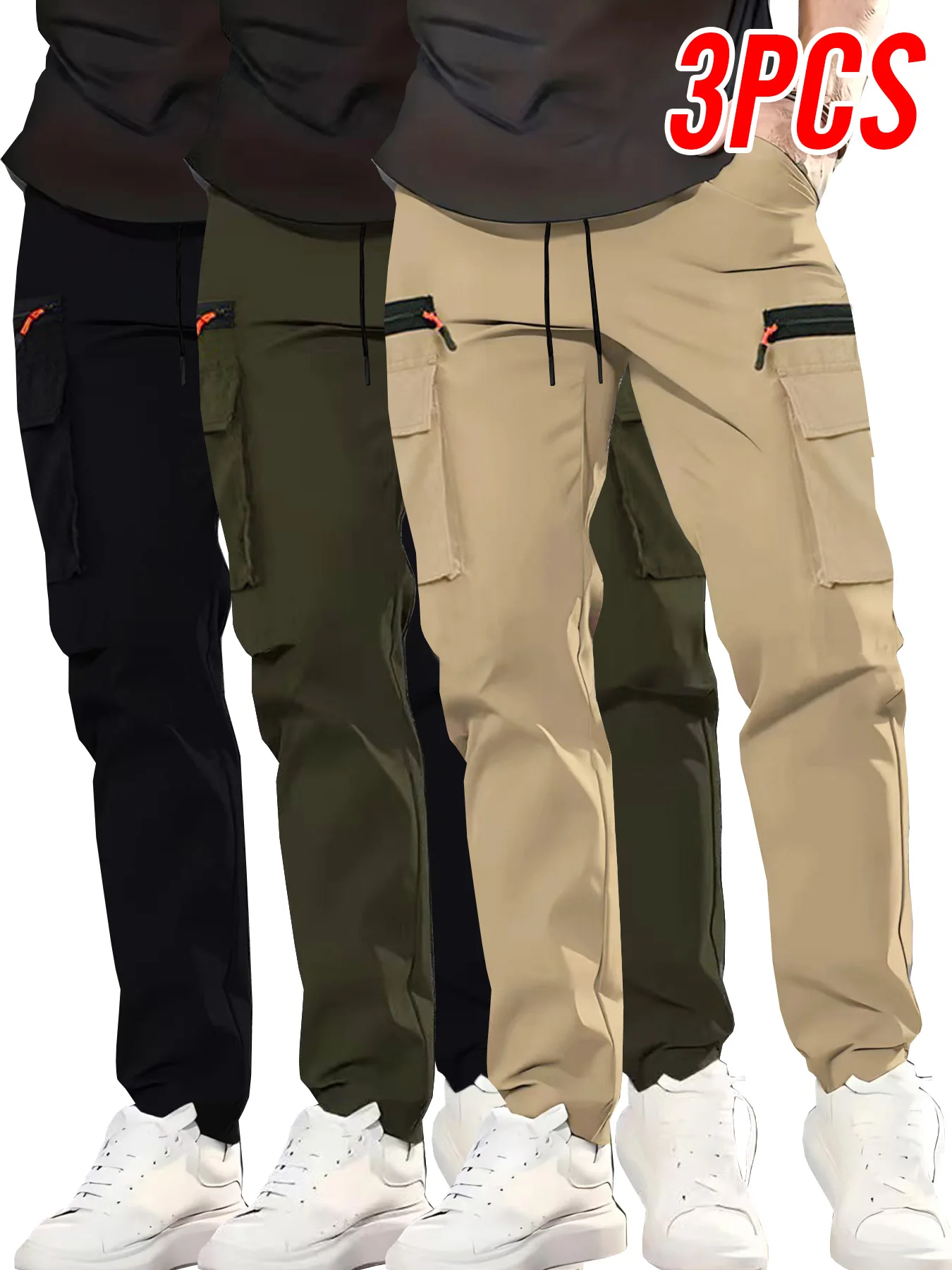 Paquete de 3 Pantalones Cargo Multibolsillos para Hombre, Diseño con Cierre, Corte Recto, Ajuste Elegante y Tela Cómoda