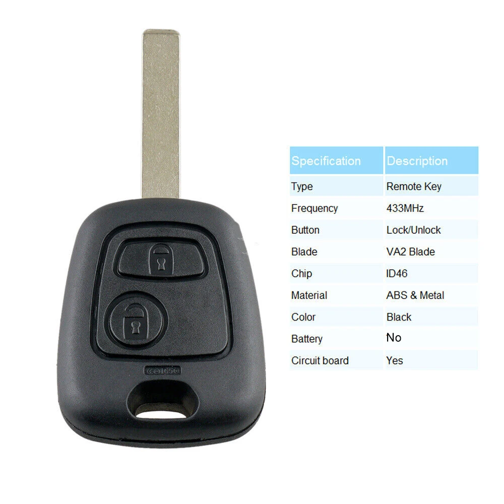 Mando a distancia para coche, llave con 2 botones, Chip ID46, 107 MHz, para Peugeot 207, 307, Citroen C1