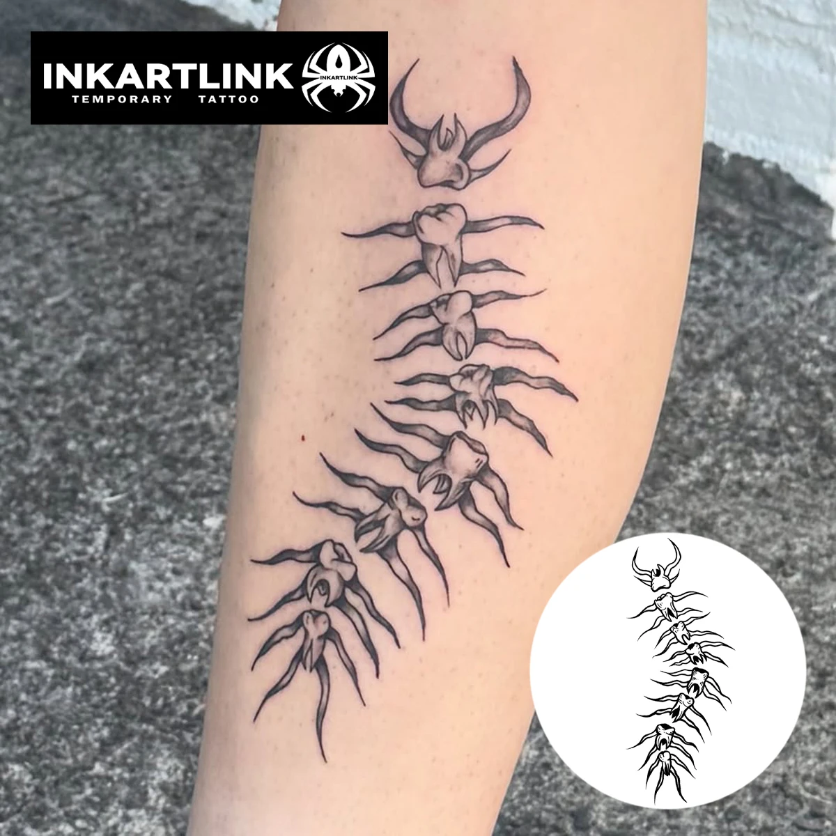 INKARTLINK Creative Tooth Centipede Combination Tattoo Stickers Waterproof Temporary Tattoo Color Holding for 1-2 Weeks