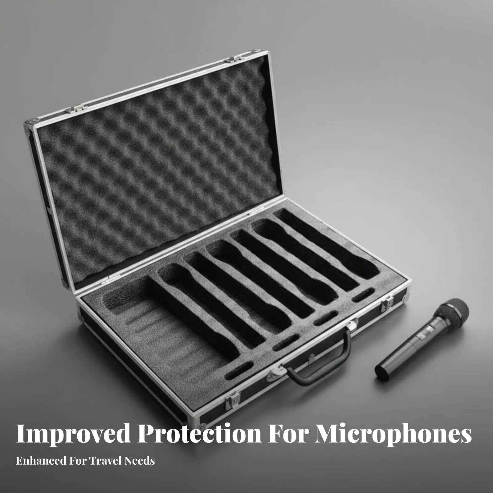 

Кейс для 8 беспроводных микрофонов с мягким внутренним уплотнением, ударопрочный, с надежными защелками