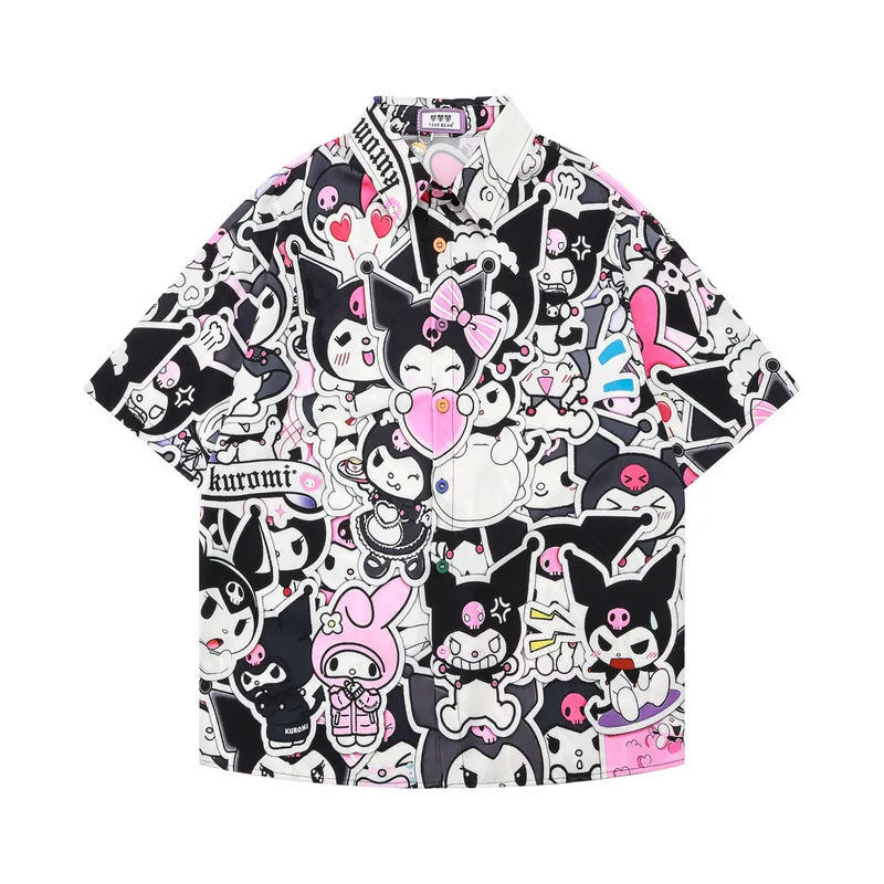 Hello Kitty Cute Bear Summer Women Black Cartoon Shirt Short Sleeve Colorful Shirts Female Top Turn Down Collar Fashion Blouse