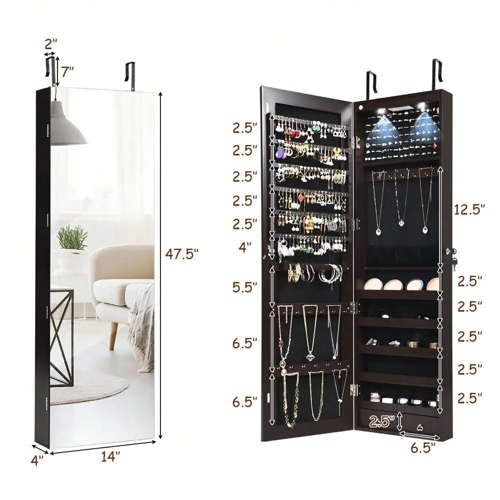 Mirrored Wall & Door Mounted Jewelry Storage Cabinet Organizer W/ Lights&Drawer