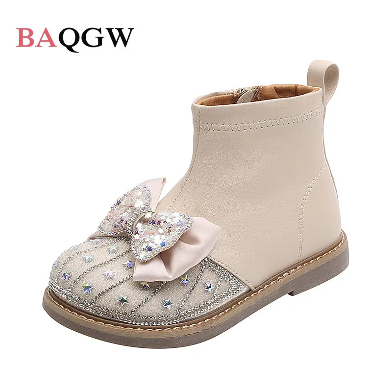 Children Autum Winter Sweet Sequined Princess Boots Baby Girl Boots Patchwork Bow Tie Beige Rhinestone Short Winter Zipper Boots