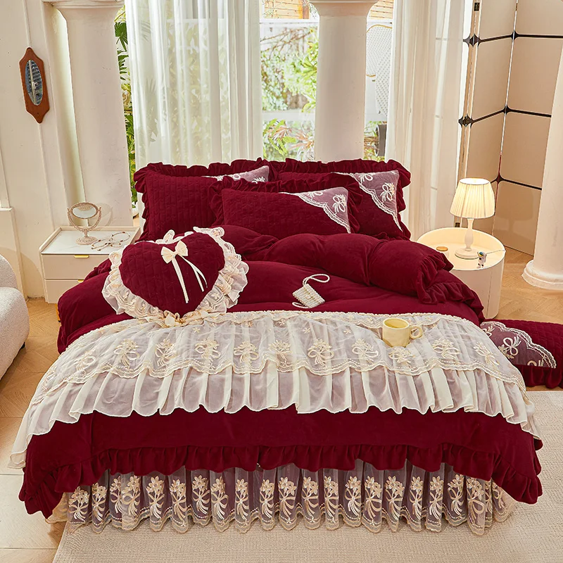 

4/5Pcs Winter Warm Thickened Milk Velvet Lace Princess Burgundy Red Bedding Set Duvet Cover Set Bed Skirt Bedspread Pillowcases