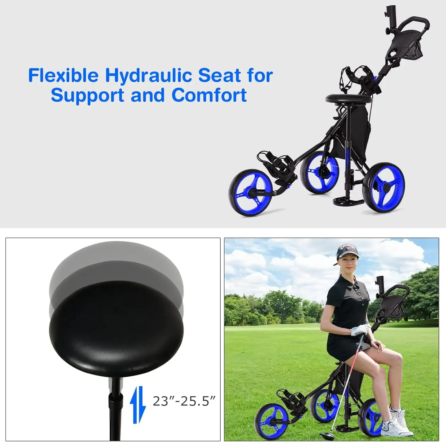 Golf Push Cart, Foldable 3-Wheel Height Adjustable Lightweight Golf Caddy Cart with Umbrella Holder, Hydraulic Seat, Stora