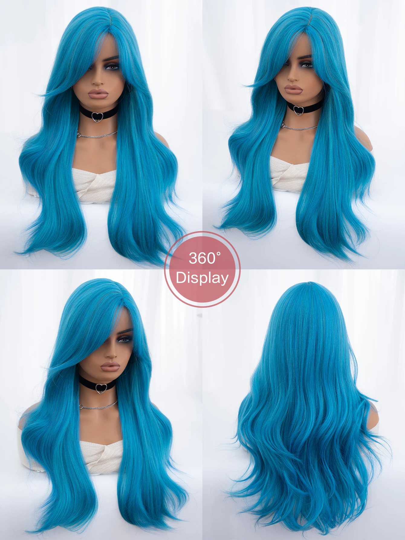 28Inch Sea Blue Color Synthetic Wigs Middle Part Long Natural Wavy Hair Wig For Women Cosplay Drag Queen Party Heat Resistant