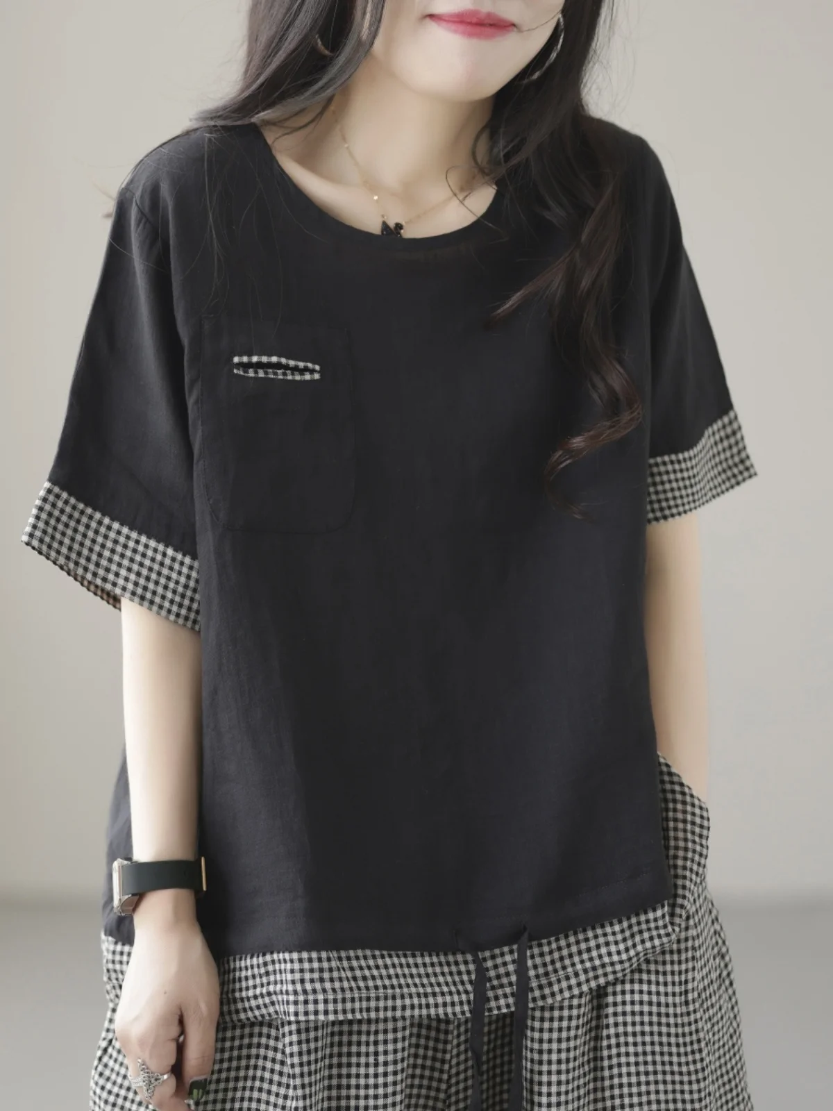 Faionable комплект больших размеров, женская футболка в клетку Color Blo, круглая Ne ort Sve Nine Points, повседневные брюки Harlan, состоящие из двух предметов...