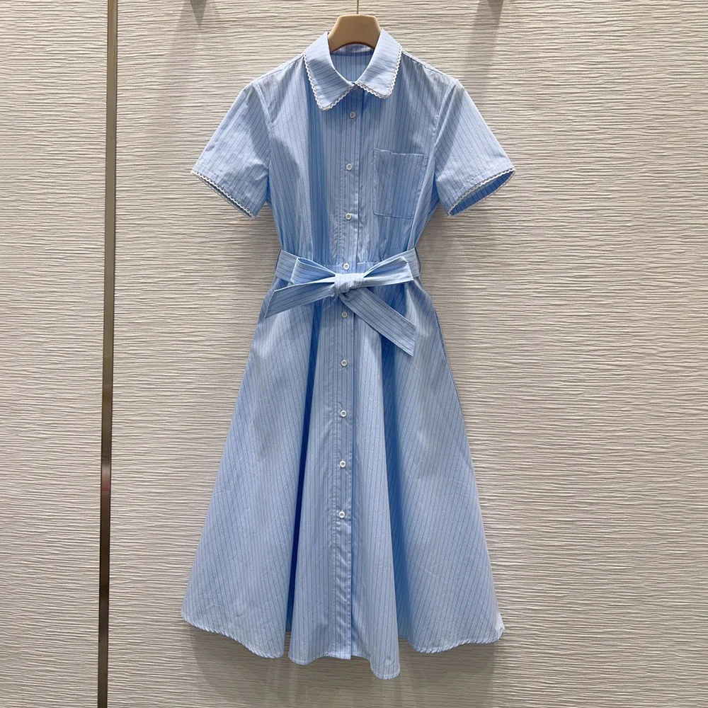 

High-quality 2026 new style women's short-sleeved striped dress, with drawstrings at the waist for a slimming effect xy2651112