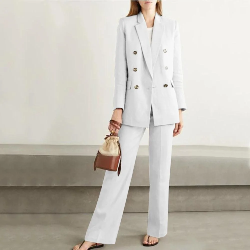 Dames volledig pakset Grote maten dames casual pak met dubbele rij knopen Elegante formele broek 2-delige set (top + broek) Aanpassen