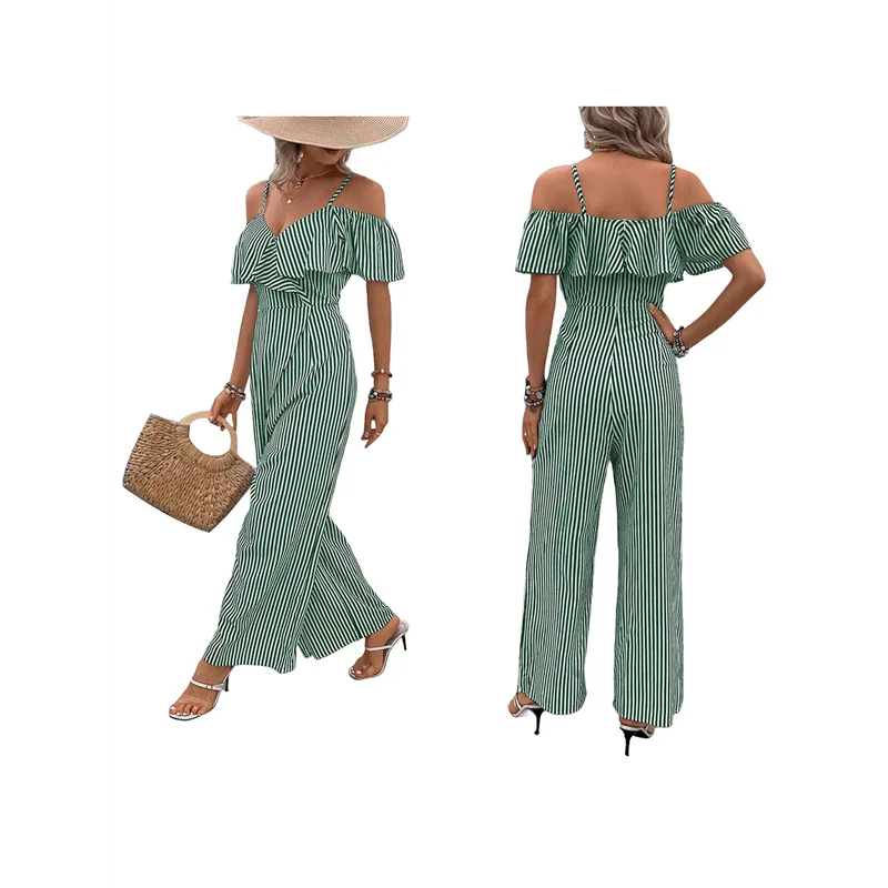 

A83F-Women Striped Pleated Jumpsuits Dressy Summer Suspender Wide Leg Pants Rompers Overalls