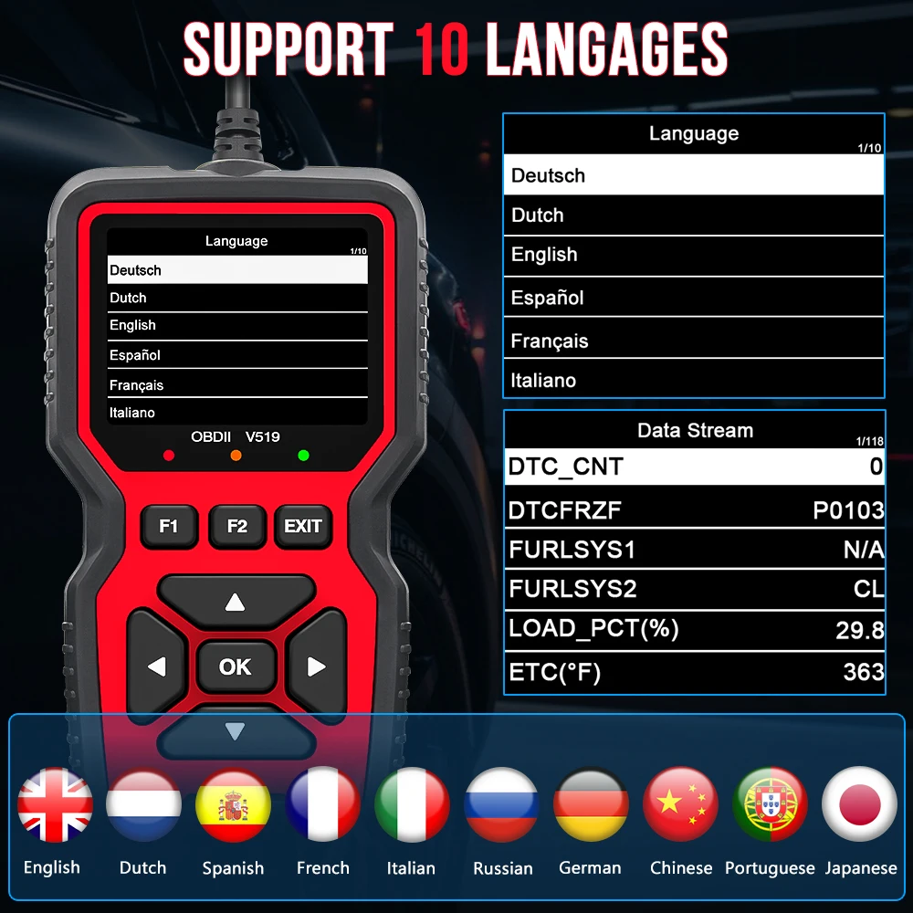 V519 OBDII Code Reader Live Data Read Clear DTC O2 Sensor Diagnostic Tool Voltage Tester Check Engine OBD Car Scanner