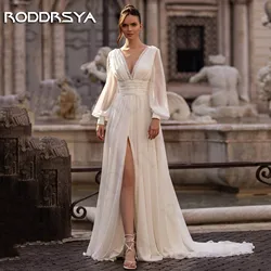 RODDRSYA Vintage Civil Chiffon Wedding Dresses Long Sleeves Boho V Neck Beading Bridal Dress Split vestidos de novia Customized