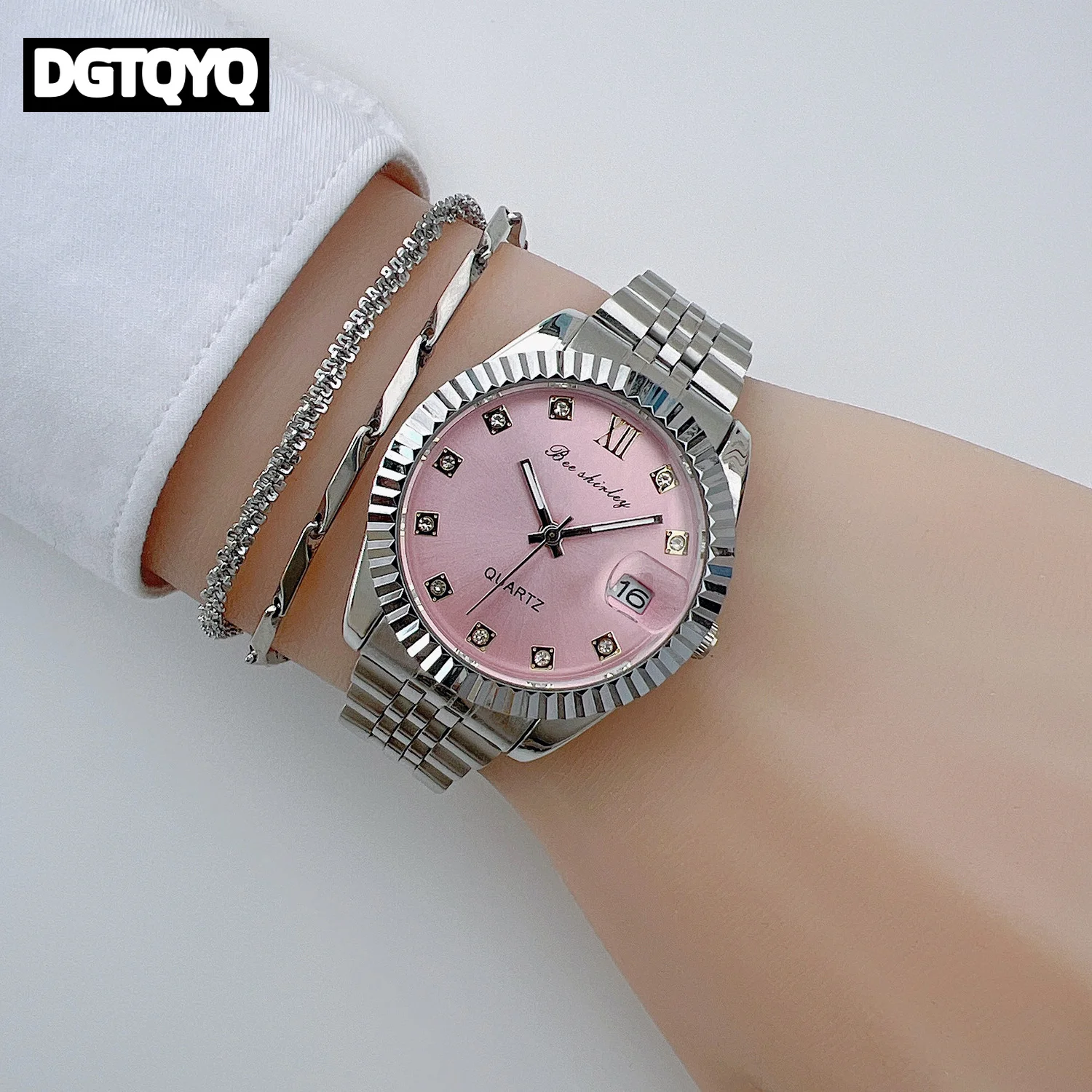 New Luxury Ladies Wristwatches Fashion Pink Diamond Women's Quartz Watches Clock Calendar Stainless Watch Bracelet JewelrySet