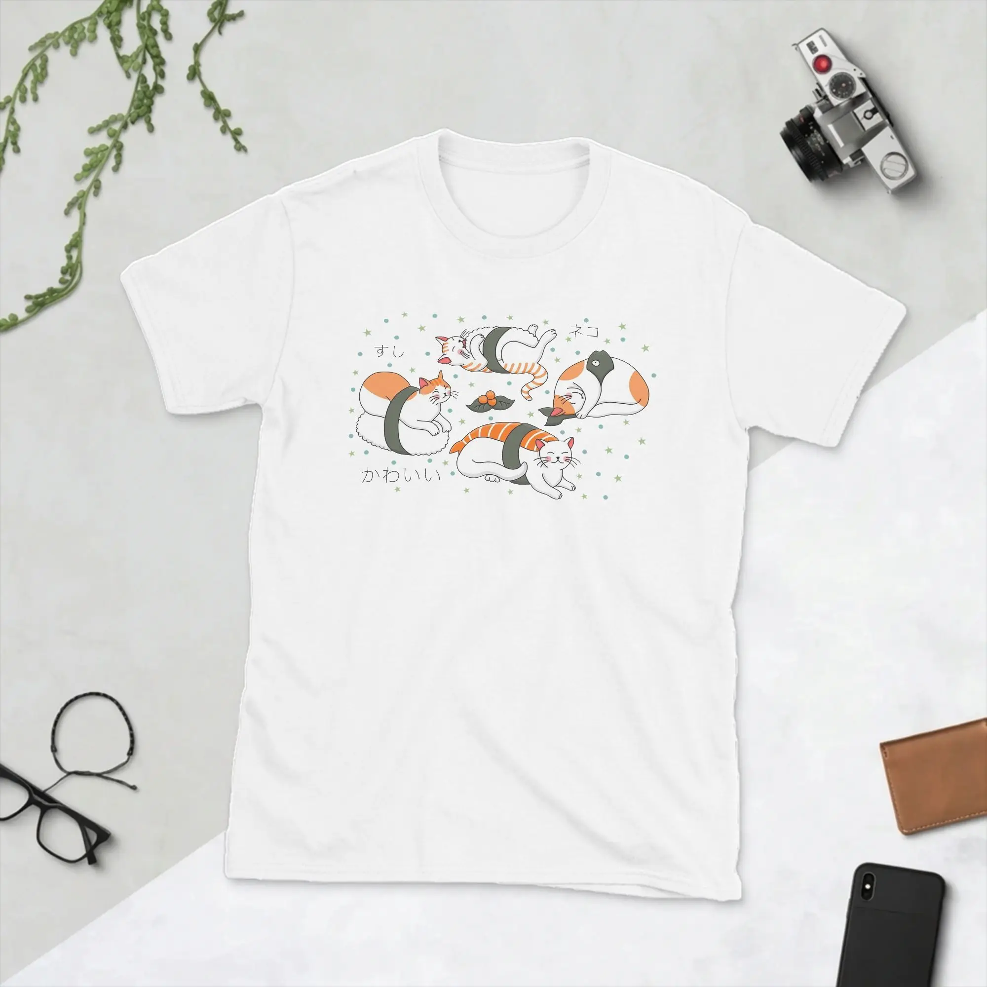 Camiseta Kawaii Neko Sushi Japan para hombre, camisetas divertidas de algodón, camisetas de manga corta con cuello redondo, camisetas de talla grande