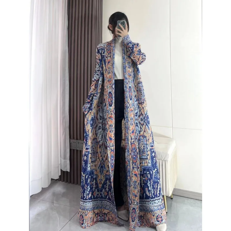 

Pleated Foldable Collar Long Sleeved Plus Size Long Jacket Women's Autumn New Designer Print Abaya Fashionable Open Front Dress