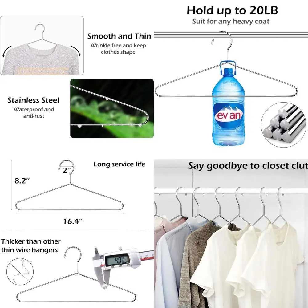 

Сверхмощные вешалки для одежды из нержавеющей стали, 50 шт., 16,4 дюйма для шкафа, идеально подходят для рубашек, костюмов, брюк