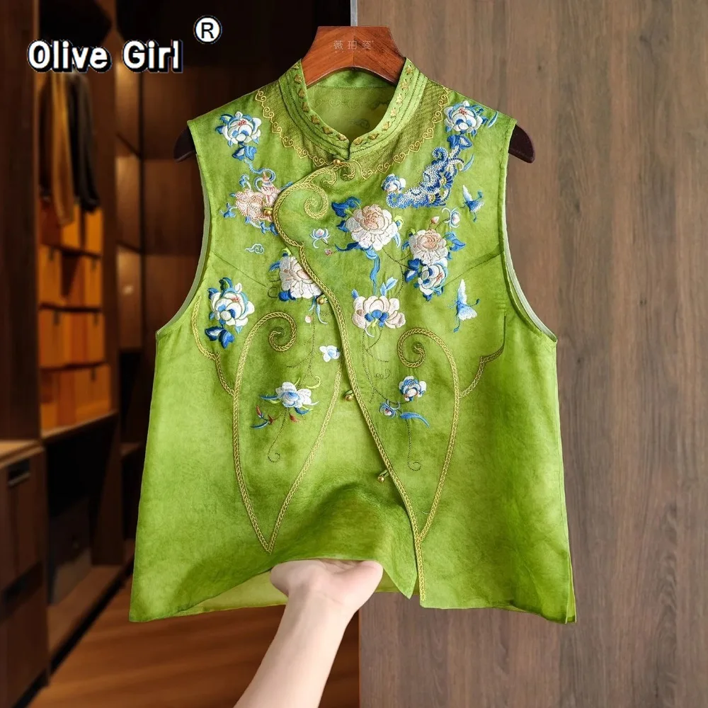 

Green Vest Organ Satin Embroidery Chinese Clothing National Style Vest Women's Summer Super Chinese Tang Suit Top