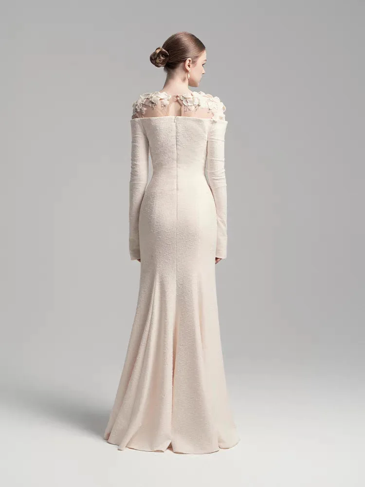 DFDG Vestido largo con textura y apliques florales de diseñador para mujer, elegante vestido de fiesta de Boutique con cintura adelgazante para noche, primavera y otoño, 2025